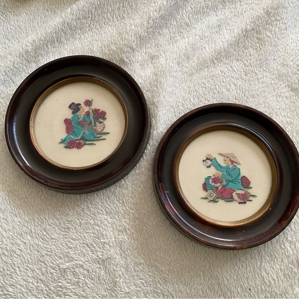 VINTAGE needle point Japanese Geisha and merchant 6.5 inch set of two​​​​​​